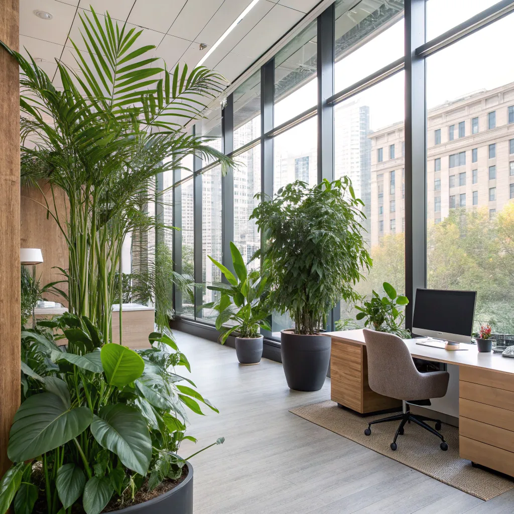 A beautifully designed office with lush green plants